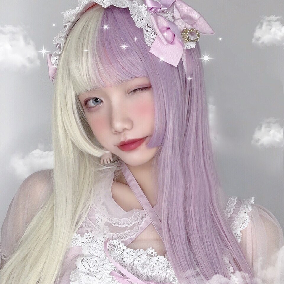 Long Wavy Ombre Black White Pink Heat Resistant Synthetic Lolita Wigs Halloween