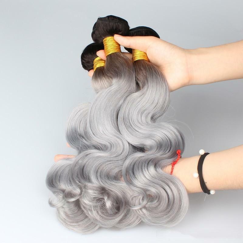 12AA BRAZILIAN VIRGIN HUMAN HAIR 1B#/GREY OMBRE ROOT BODY WAVES 1/2/3/5/5BUNDLES