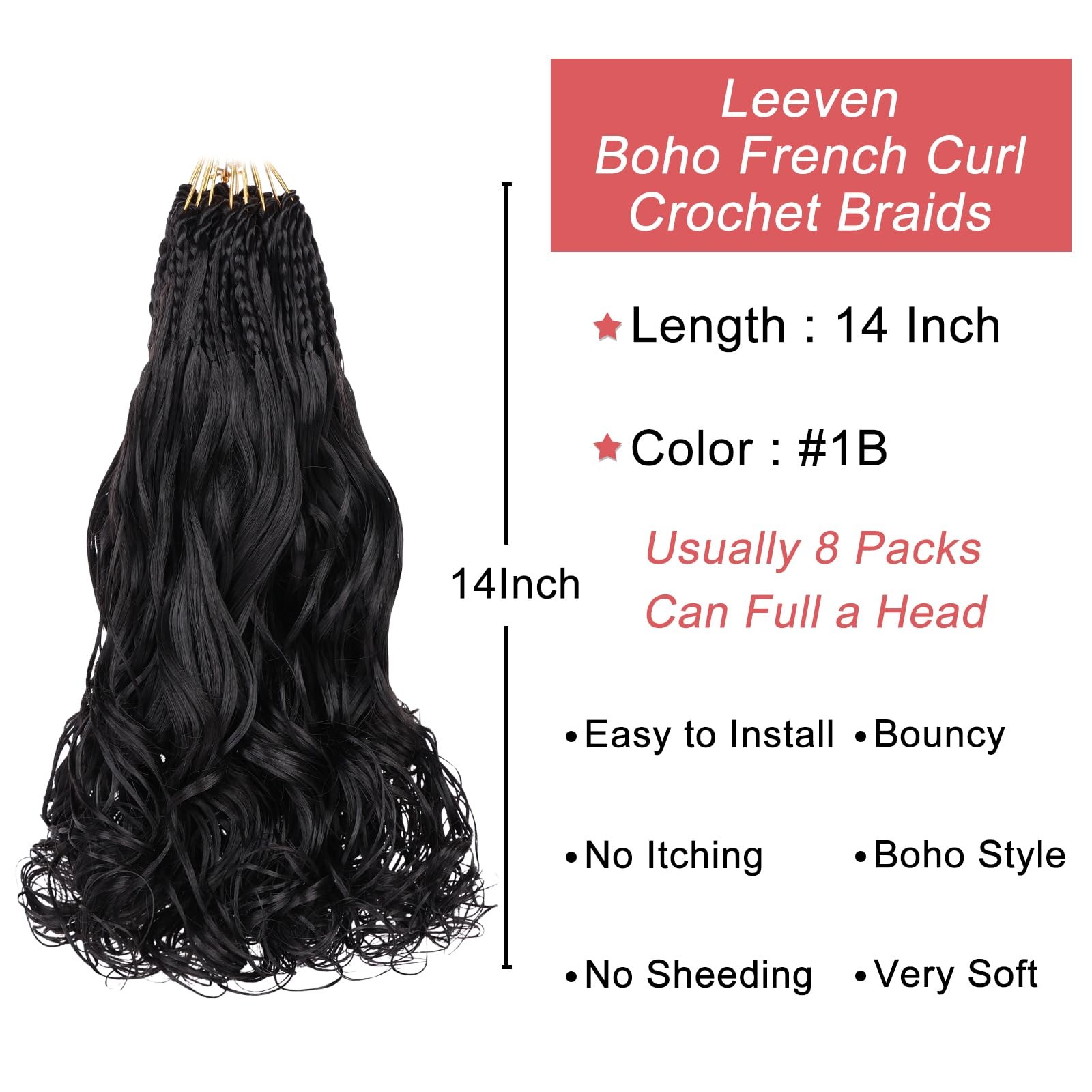 Leeven Boho French Curl Crochet Braids 14 Inch 8 Packs Black Pre Looped Curly