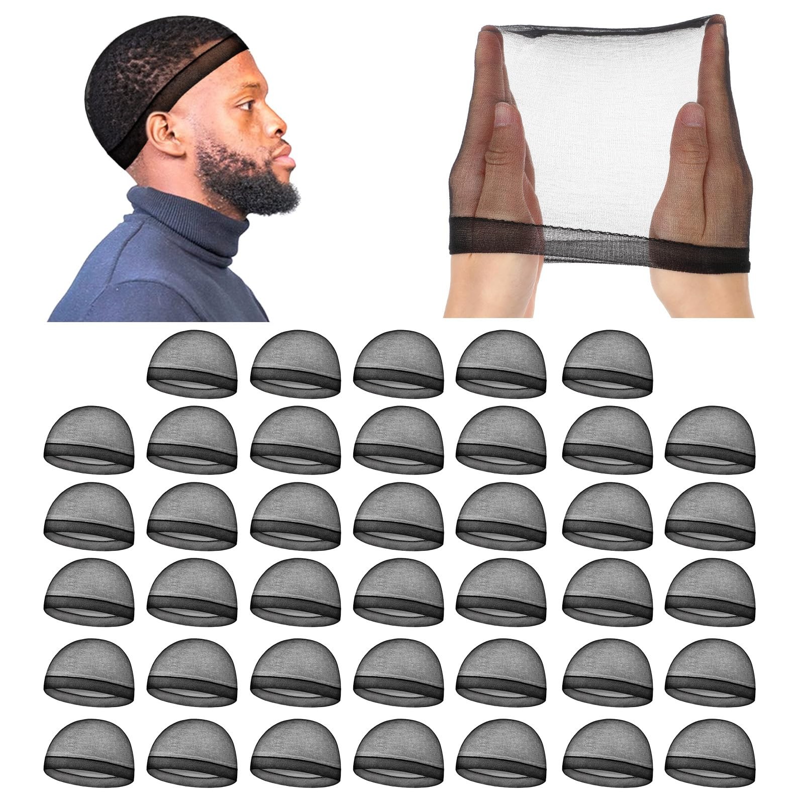 40 Pcs Stocking Wave Cap for Men Adult Stretchy Nylon 19.7 inch/50 cm, Black