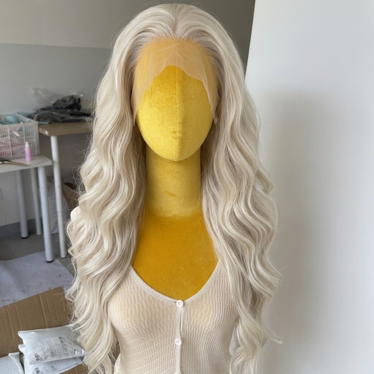 Platinum blonde Frontal Lace Wig Long Wavy Natural Heat Resistant Synthetic Hair