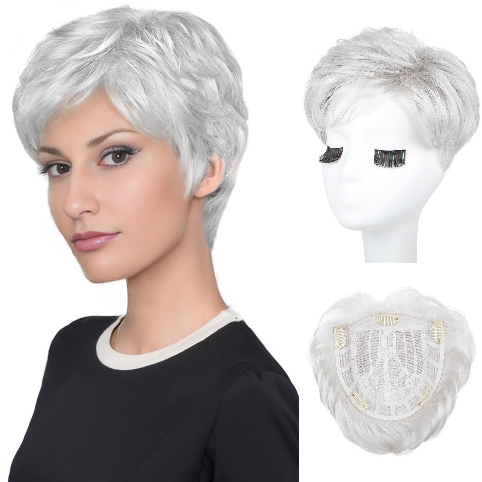 REECHO Hair Topper Women Silver White 6.5×6.5 100% Japanese Fiber Clips