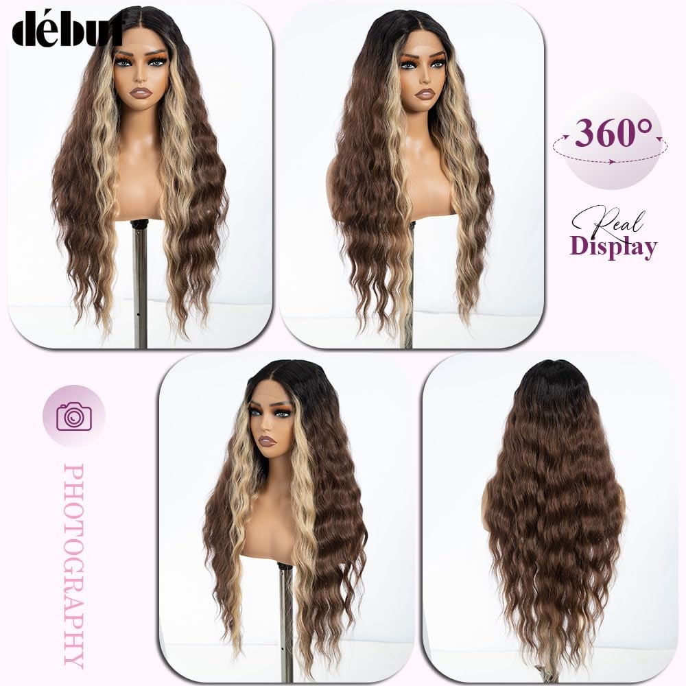 30 Inches Skunk Stripe Brown Blonde Water Wave 13x6x0.5 Lace Front Wigs Long …