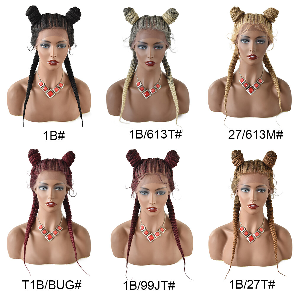 Swiss Lace Front Cornrow Box Braided Women Wigs Baby Hair 2 Updo Buns Ponytails