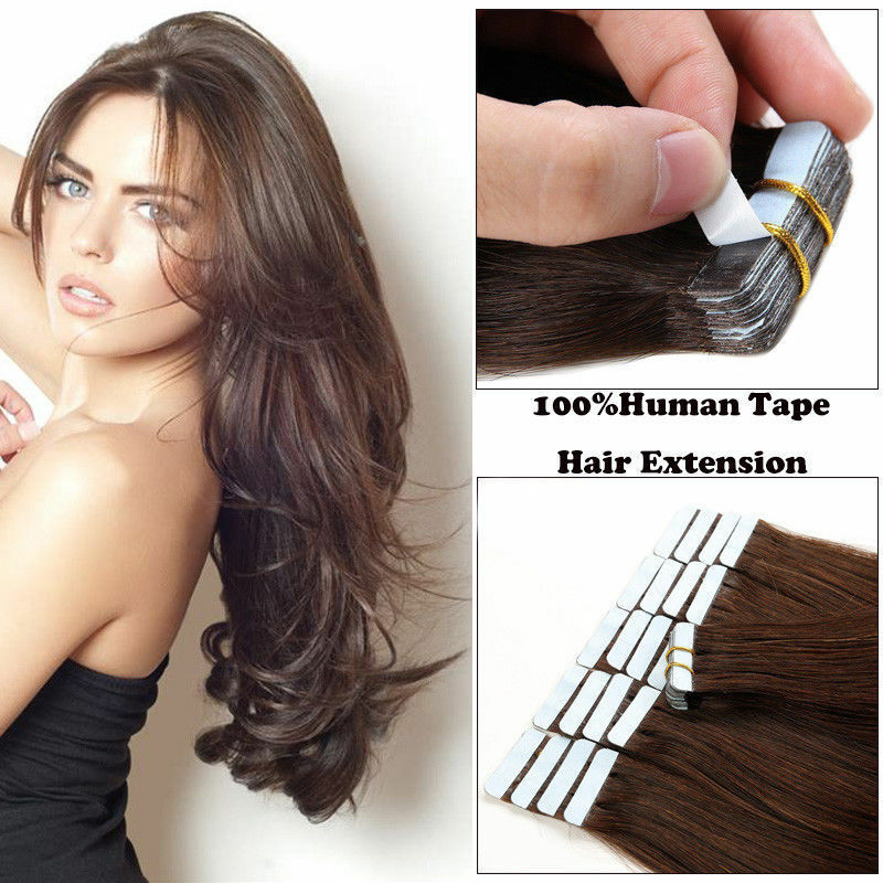 Tape-In Real Human Hair Extensions Seamless Adhesive PU Skin Weft Brazilian Hair