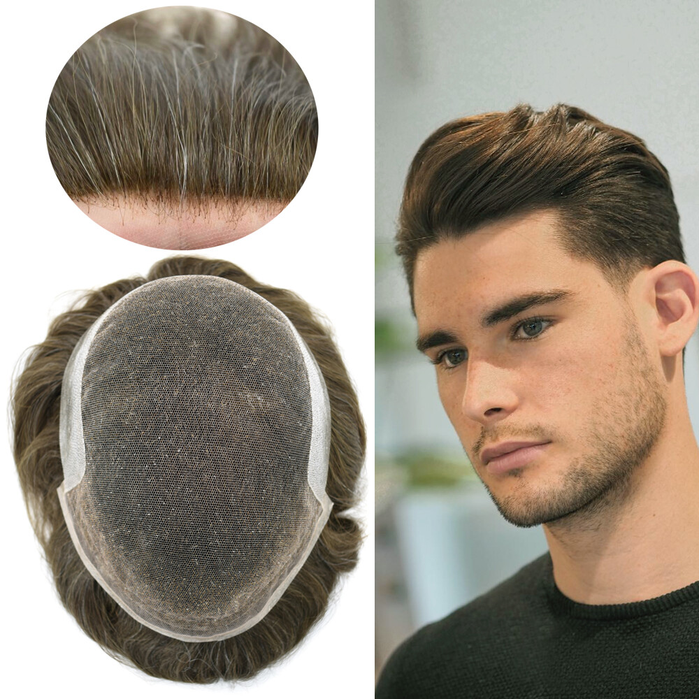 French Lace Front Mens Toupee Poly Pu Hairpiece Natural Hair Replacement Systems