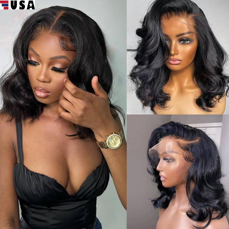 14″ Lace Front Bob Wig Black Natural Hair Body Wave Women Pre Plucked Wigs USA