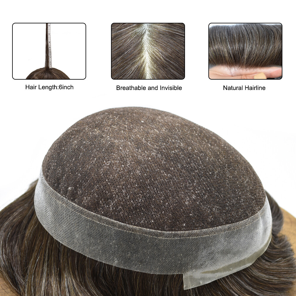 French Lace Poly Around Skin HairpieceMens Toupee Human Hair Replacement System