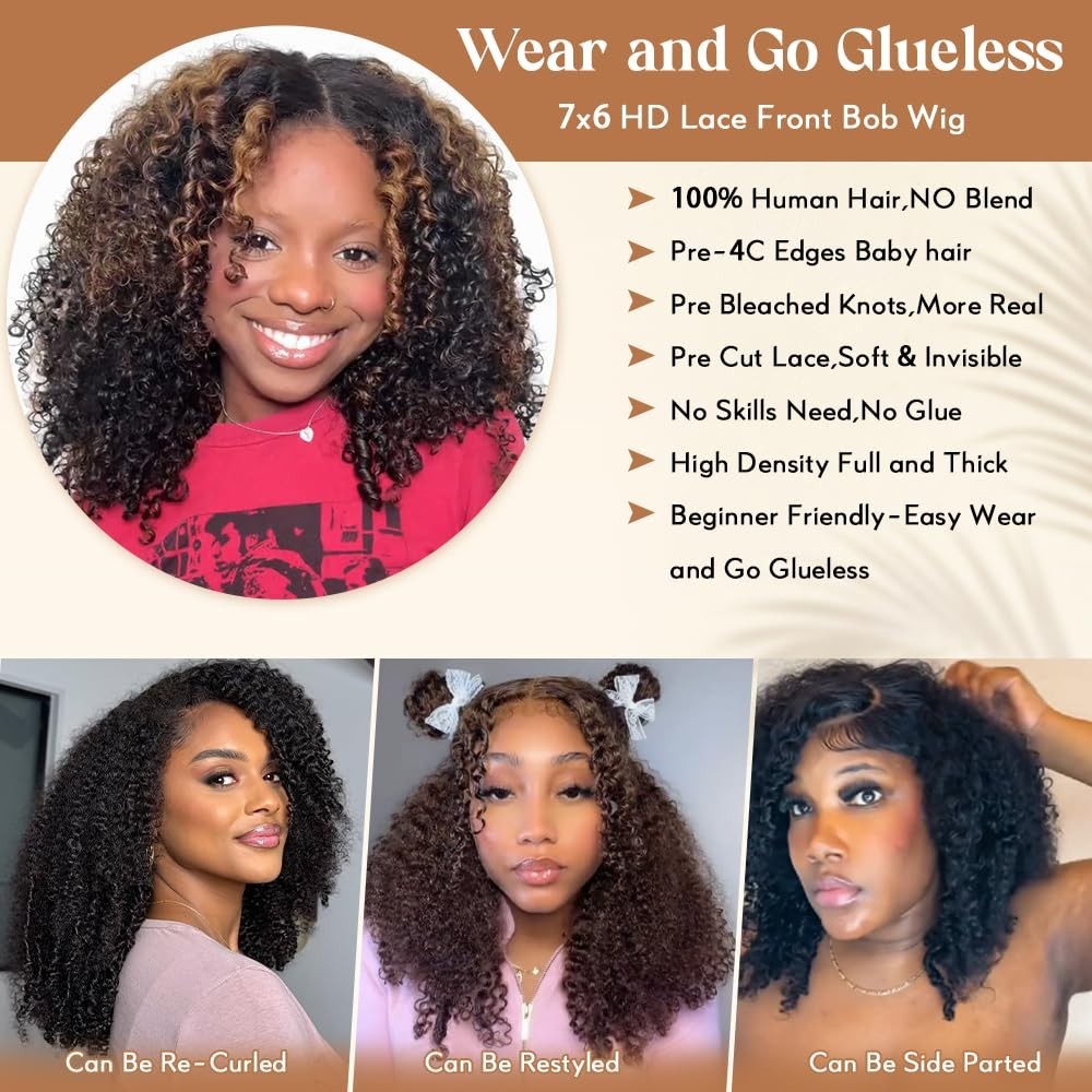 18-Inch Kinky Curly Glueless Human Hair Wig, HD Lace Front, Pre-Plucked, Drawstr
