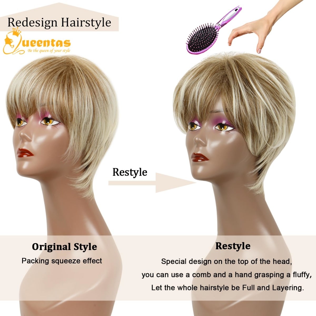 QUEENTAS Pixie Layered Short Blonde Wigs for White Black Women Synthetic Hair