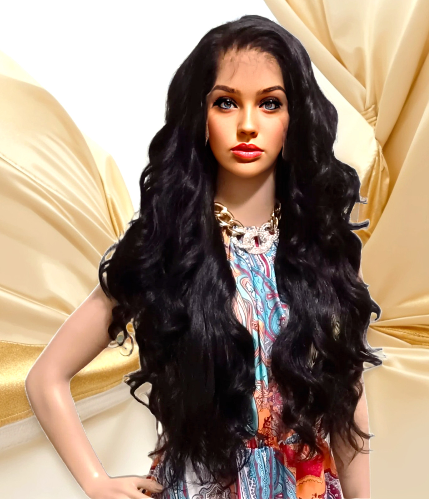 37” FREE PART LACE FRONT FULL WIG LONG WAVY LAYERED OFF BLACK #1B HEAT OK NWT