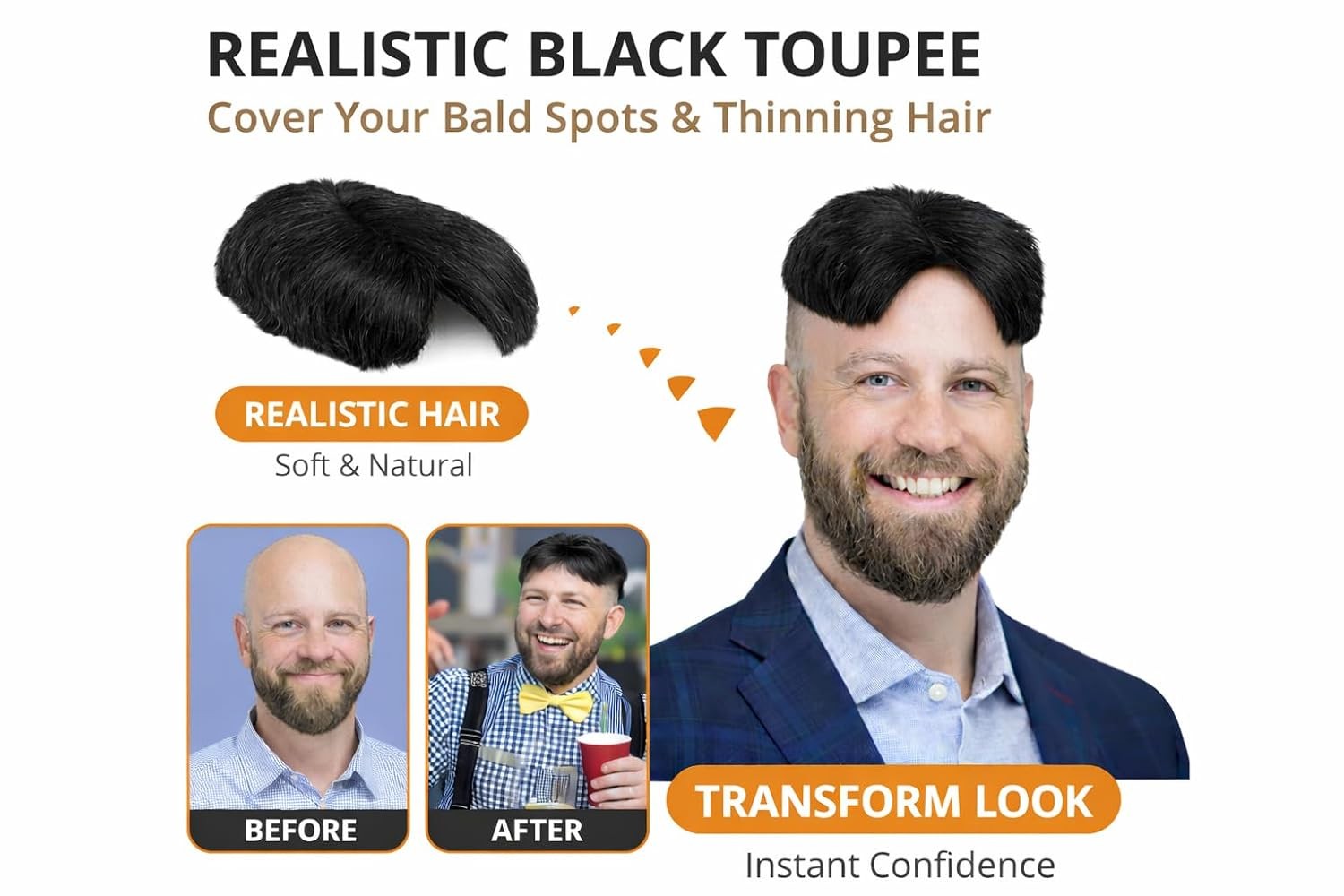 Black Toupee Wig | Novelty Toupee | Realistic Hairpiece Topper for Bald Spots &