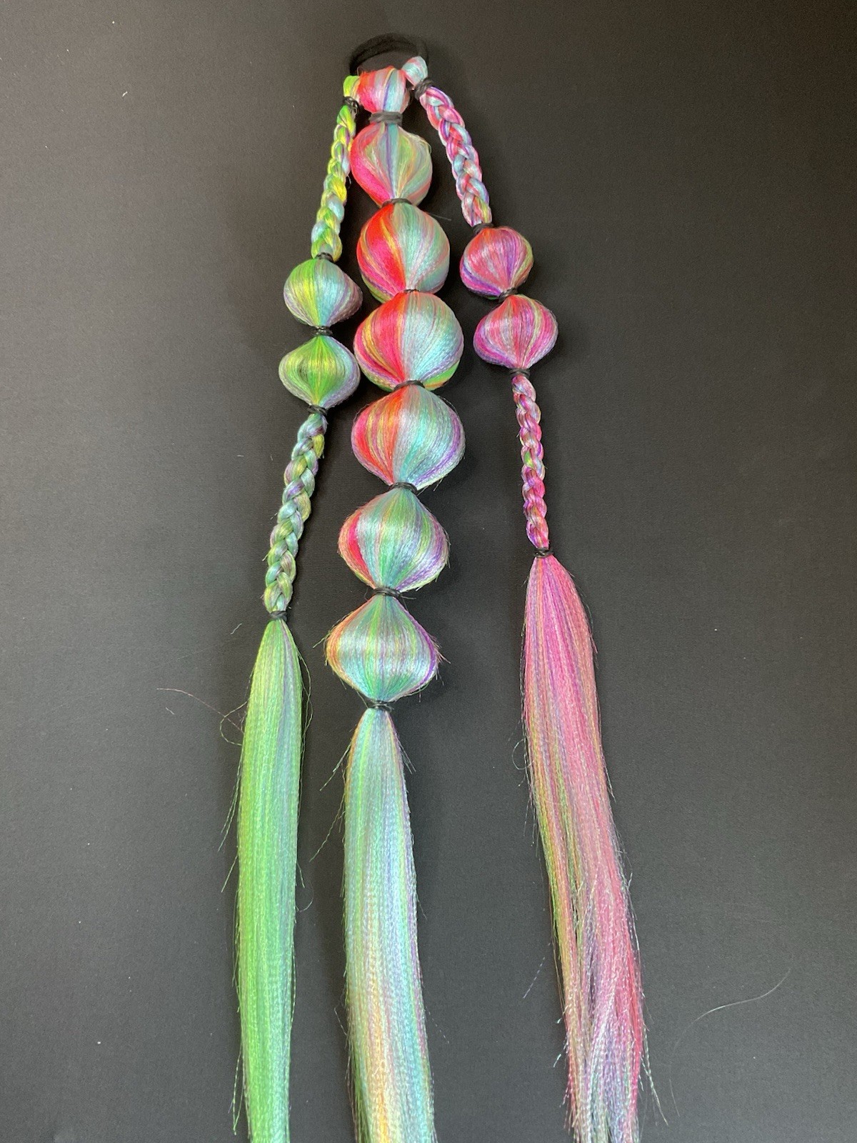 neon yellow pink blue purple- rave festival softball braided ponytail, tie in