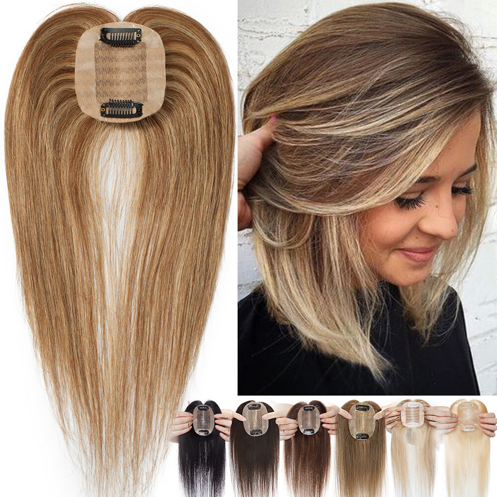 100% Real Remy Human Hair Women Topper Toupee Hair Piece Clip In Mono Silk Based