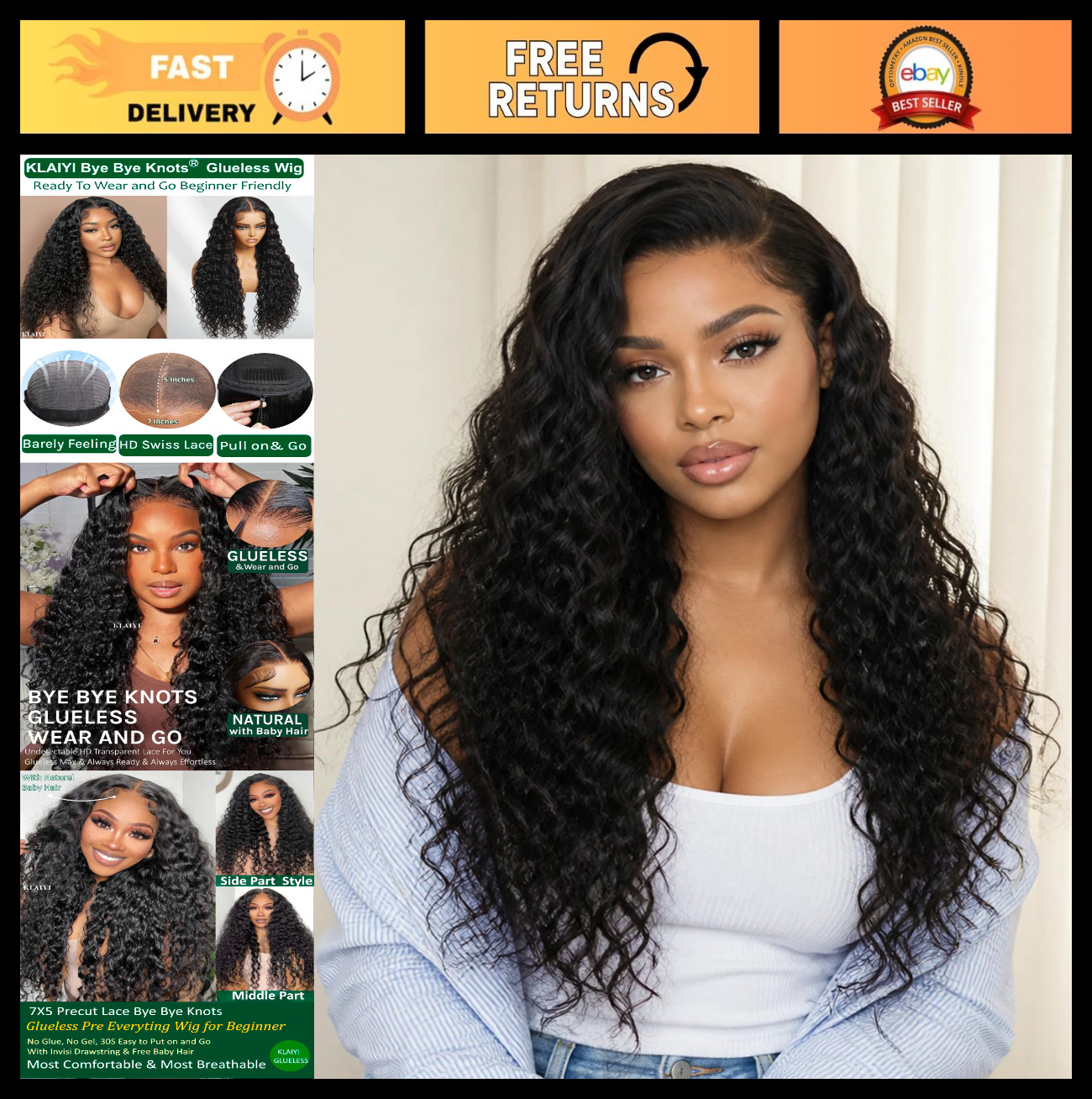 Water Wave Glueless Lace Front Wig 26″ Human Hair, Pre-Plucked, Easy Wear, Curly