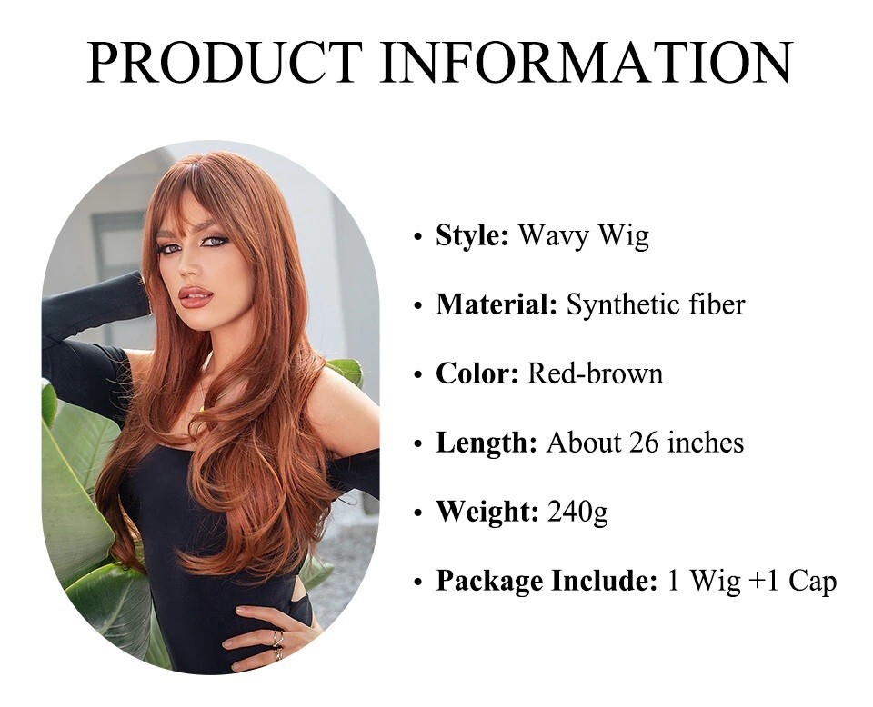 Red Brown Copper Long Straight Synthetic Wig with Bangs Women’s Natural Hair