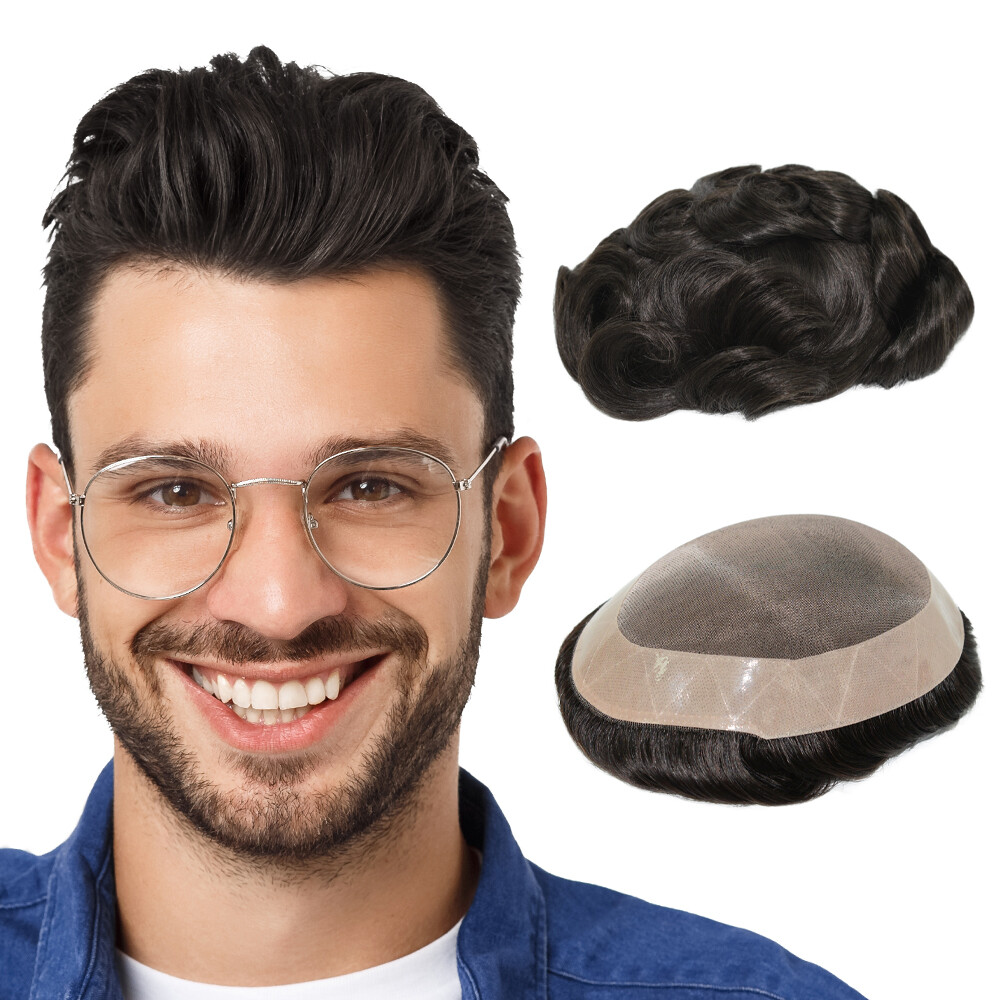 Mens Human Hair Replacement System Durable Hairpiece Fine Mono Poly Skin Toupee