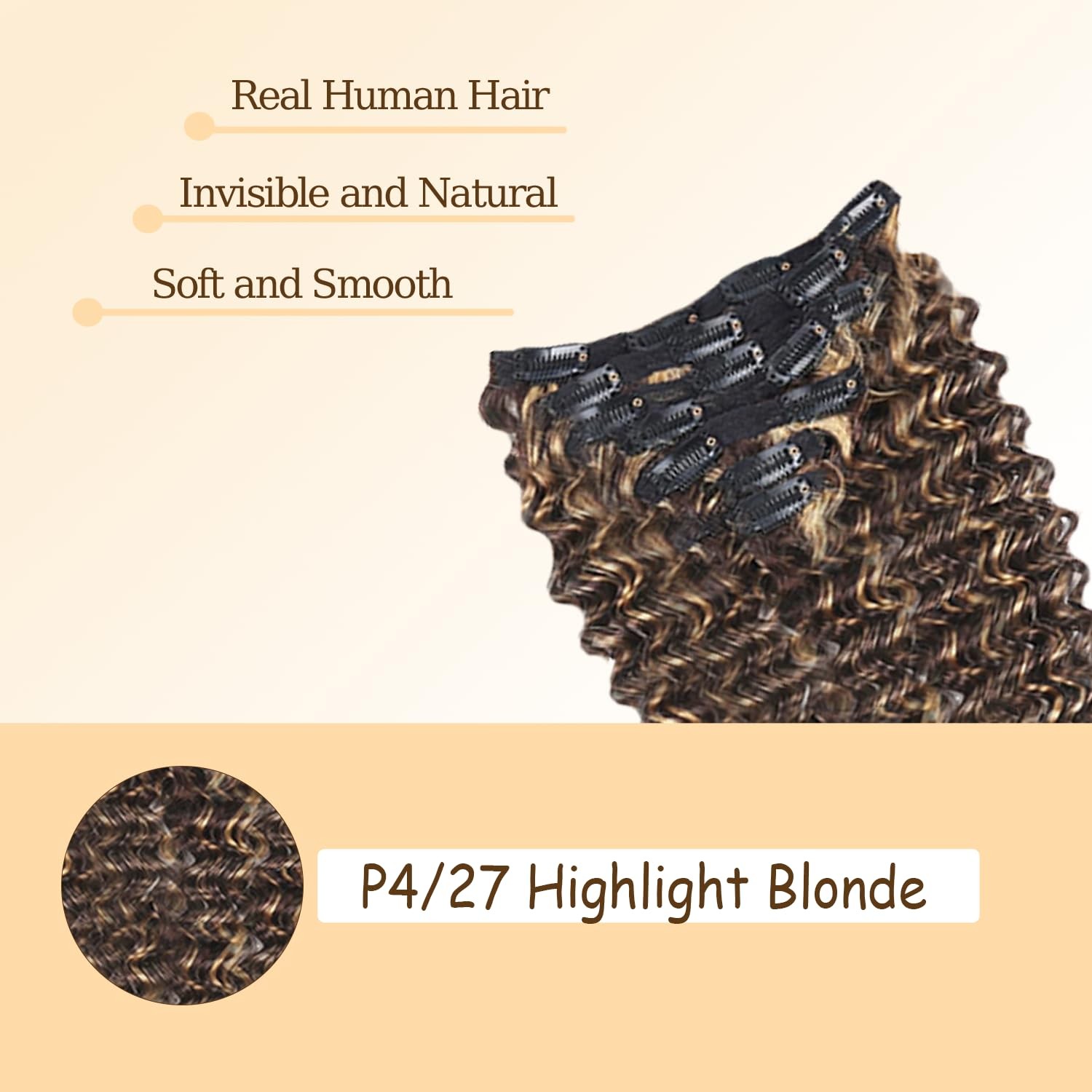 P4/27 Highlight Brown Deep Wave Clip in Hair Extensions – 12 Inch Real Remy H…