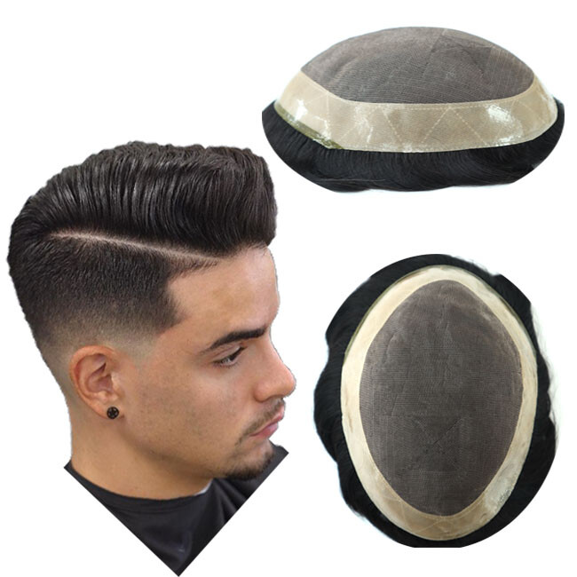 Mens Human Hair Replacement System Hairpieces Fine Mono Poly Coating Toupee #1B