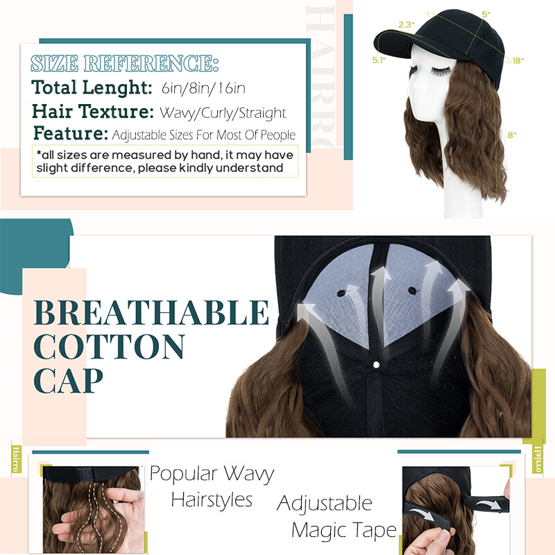 Baseball Hat Cap with Hair Extensions Synthetic Long Curly Ponytail Natural Wavy