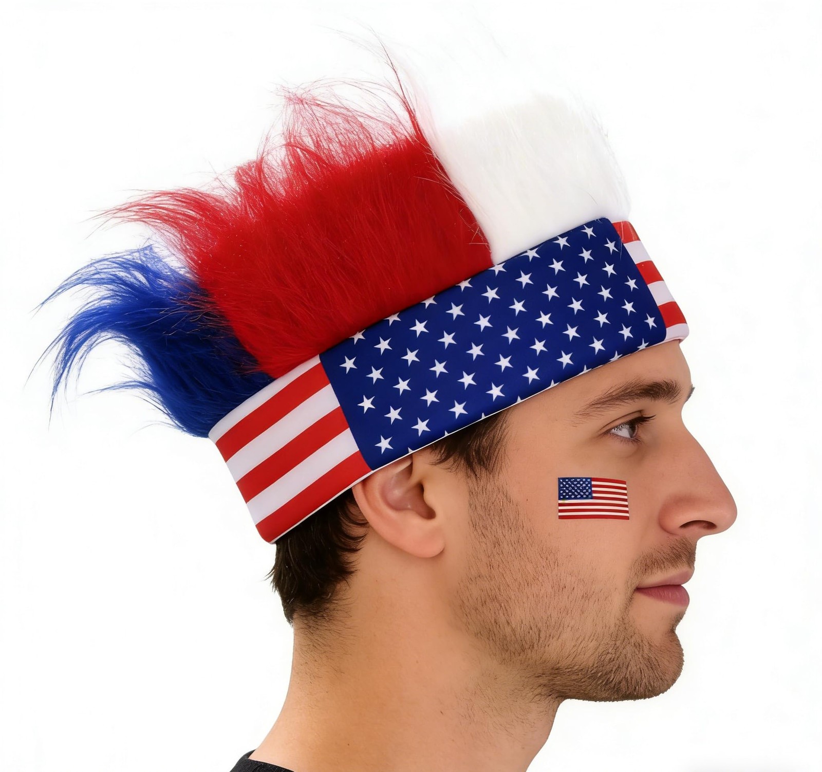 4th-of-July Adult-Hairy-Headband Funny-Troll-Wig Patriotic Red-White-Blue-Cra…