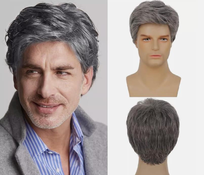 Men’s Grey Short Wig Heat Resistant Natural Male Cosplay Daily Hair Wigs