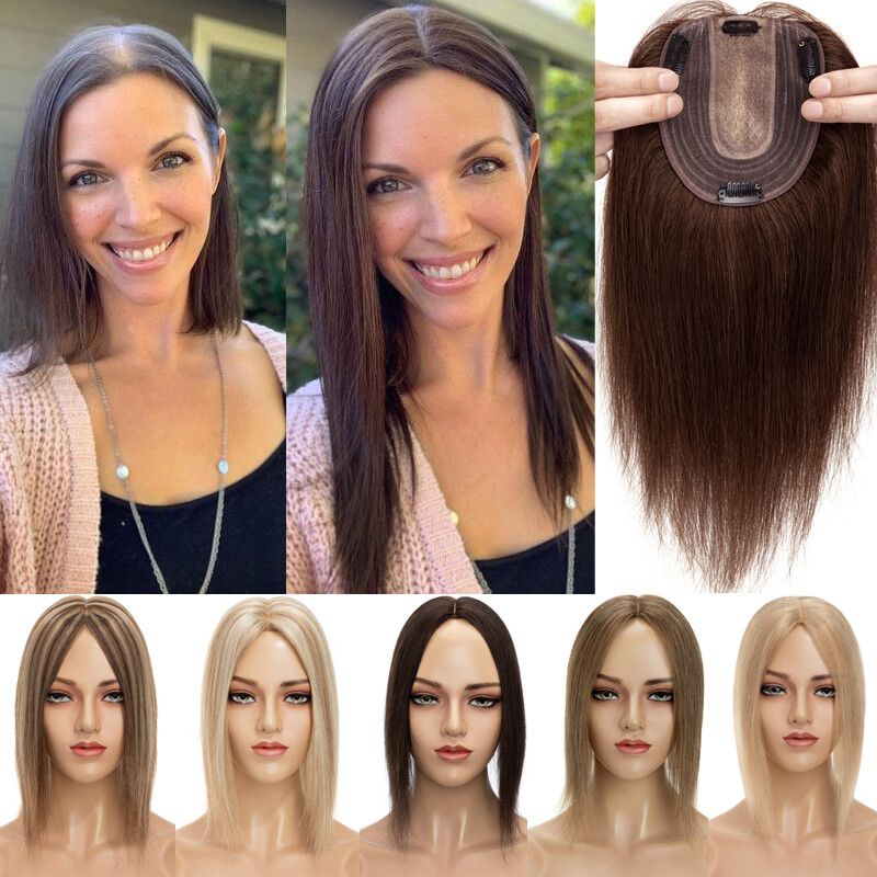 Clip In 100% Real Human Hair Topper Hairpiece Toupee Wigs For Lost Hair Thick US