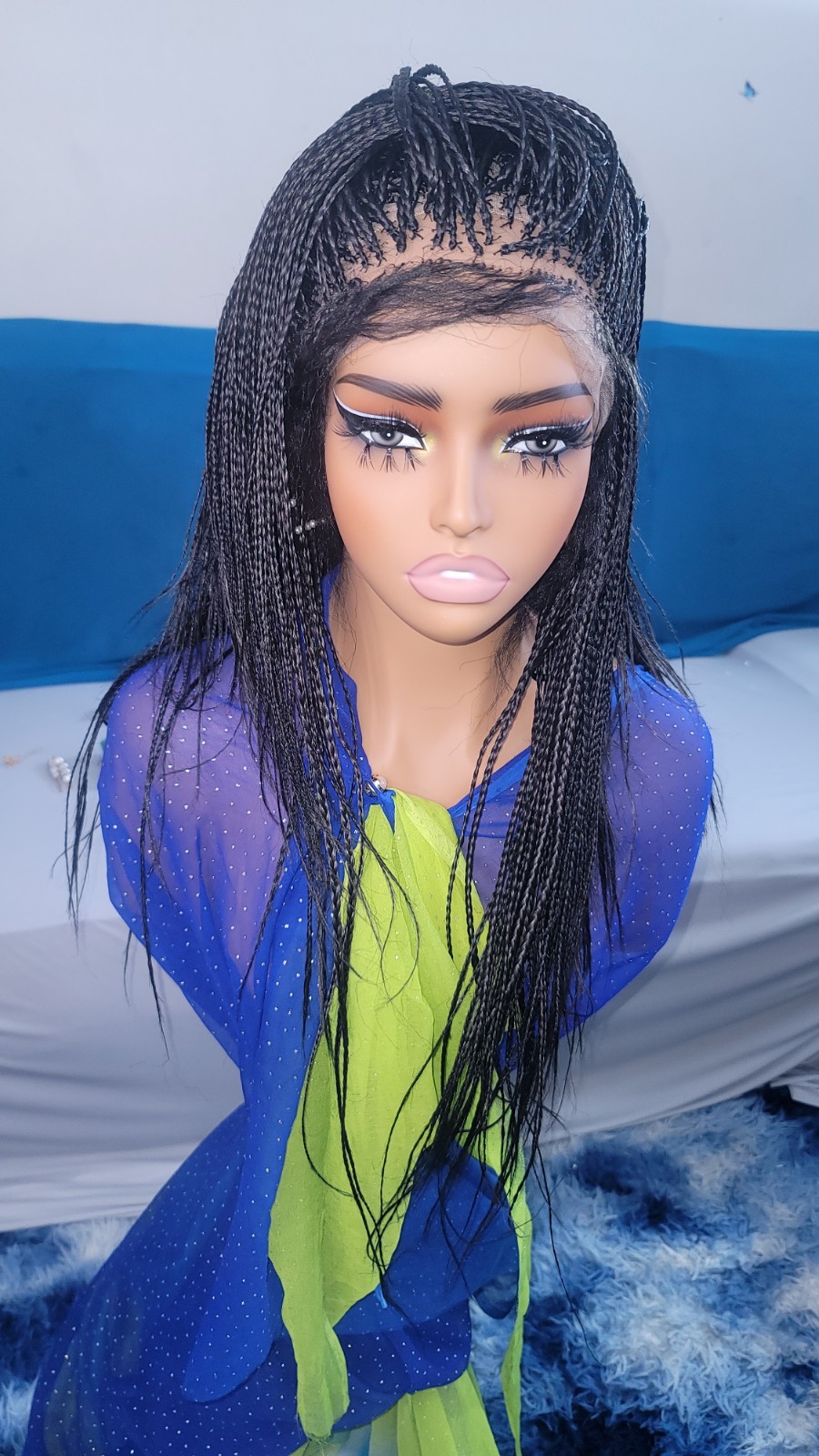 Braided Wig Full Lace Glueless 16″ Micro Boho Braids Jet Black #1 Short Handmade