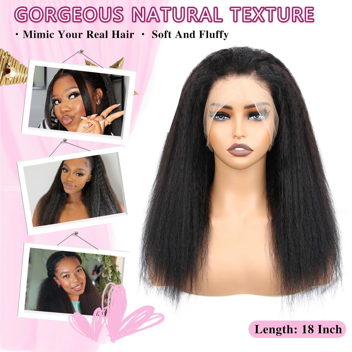 360 Lace Front Wig Human Hair Kinky Straight 16″ 180% Yaki Full Lace for Black W