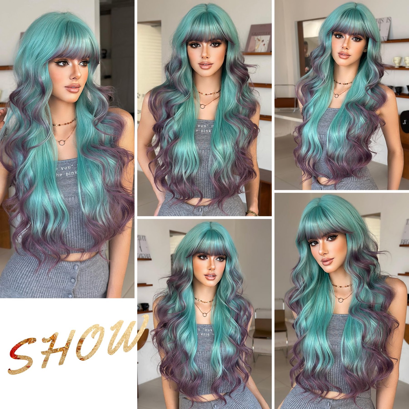 31in Turquoise Long Wavy Bangs Purple Highlight Wigs Mixed Light Green Ombre …