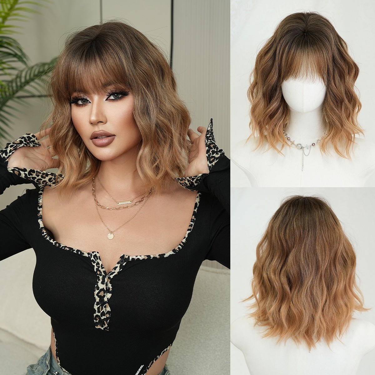Orange gold wool curly wig full head covering hairstyle with wavy short curly