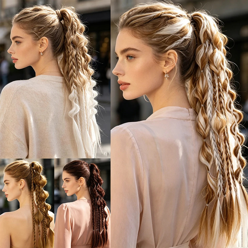 Lightweight Synthetic 24Inch Long Braided Bubble Ponytail Wig For Women Party