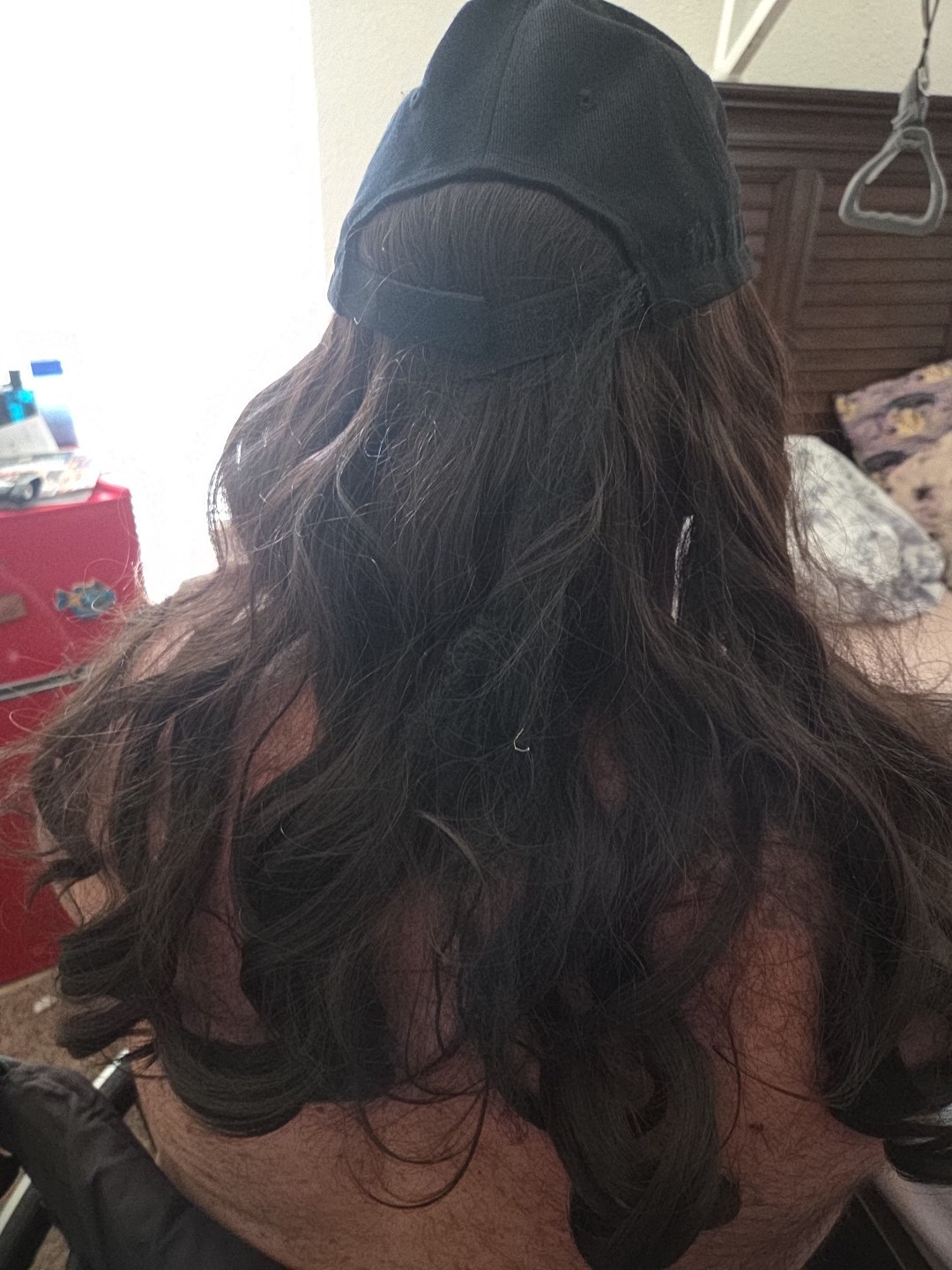 Women Adjustable Baseball Cap Hat Wig Curly Dark Brown Casual Hat 26 Inches