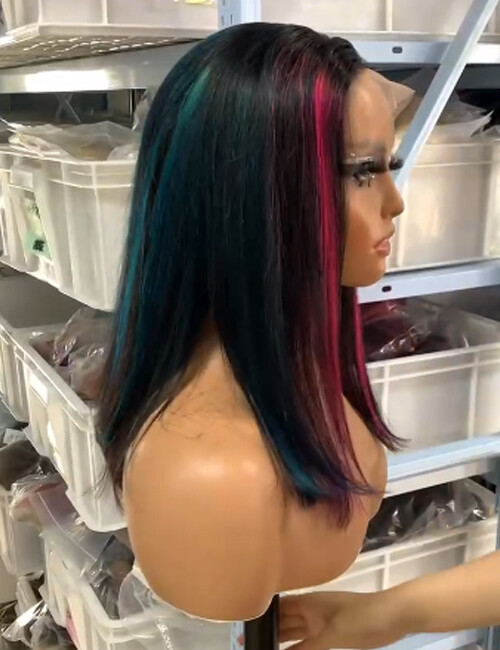 Blue Purple Highlight Bob Lace Front Wig Brazilian Human Hair Wig Glueless Remy