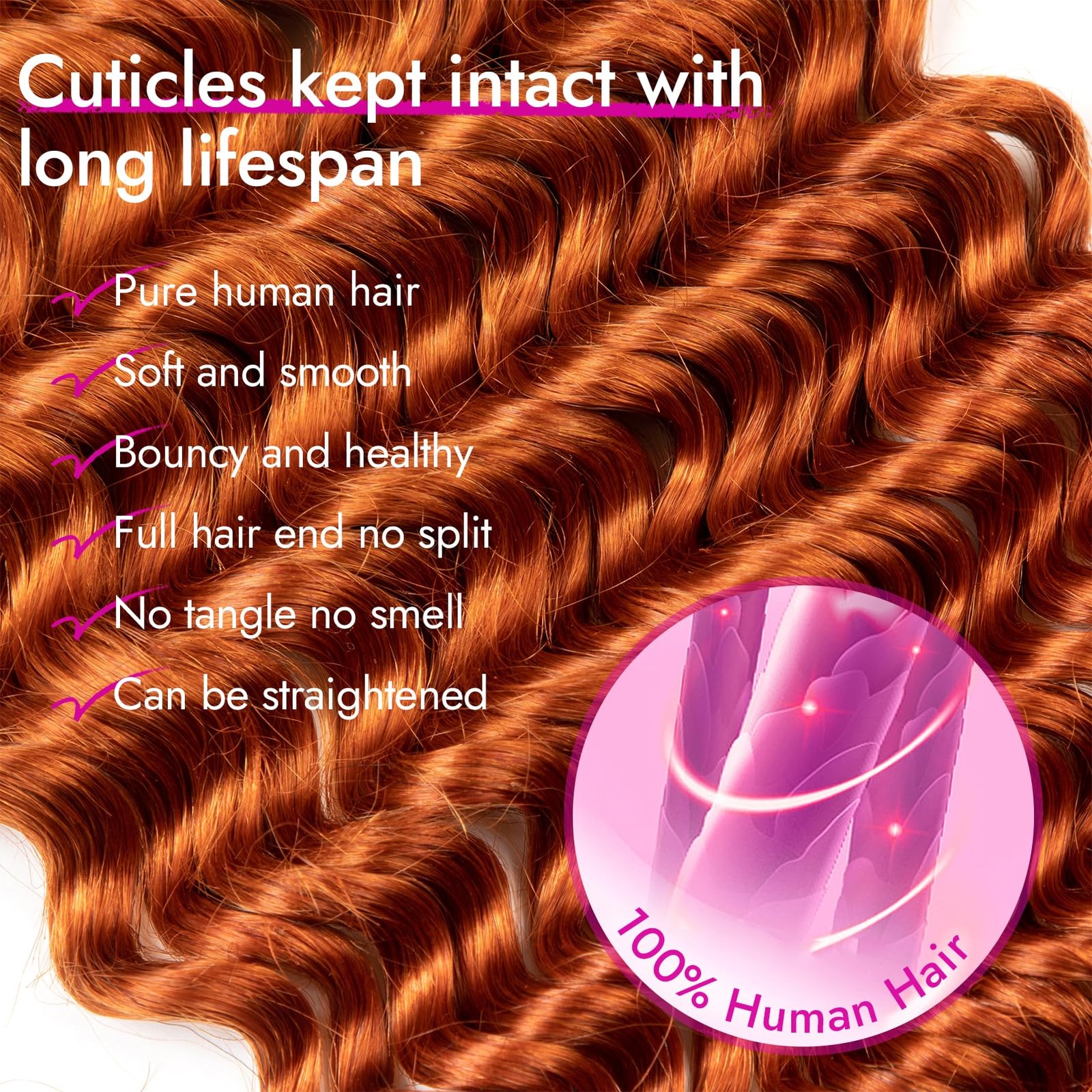 Duzikai 26 Inch Human Braiding Hair Deep Water Wave 4 Bundles/Pack 100G Ginger