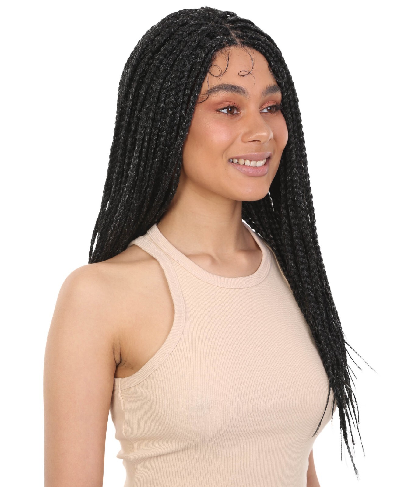 LUXLUXE Uyai Straight 23″ 4X4 Hand-Tied Lace Braided Wig, Salt & Pepper Grey