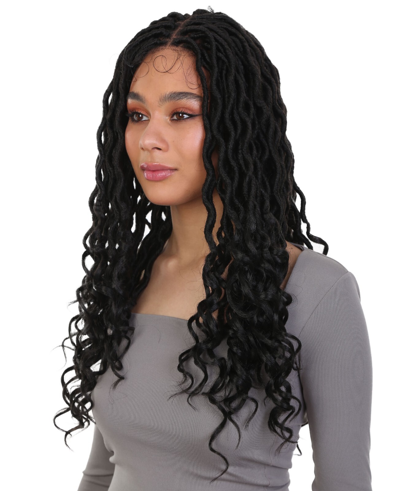 LUXLUXE Andrea 4×4 Curly Long 4X4 Hand Tied Lace Braid Natural Black Wig