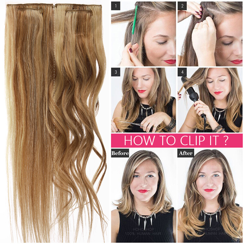 6 Pieces 6 Clips on Clip in Human Hair Extensions Thick Short Straight Lace Weft