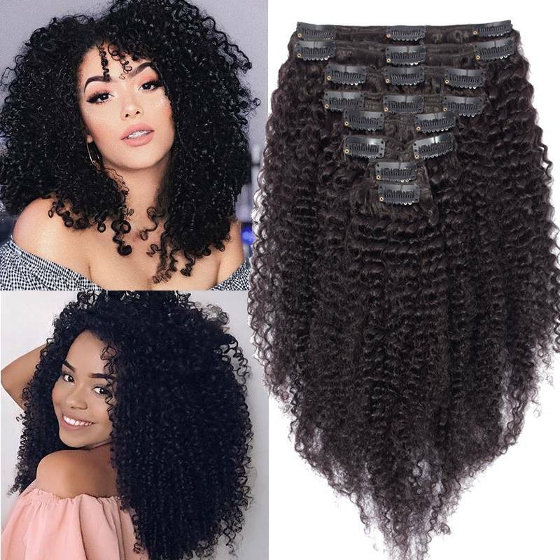 Afro Kinky Straight Thick Clip in Human Hair Extensions Full Head Double Wefted