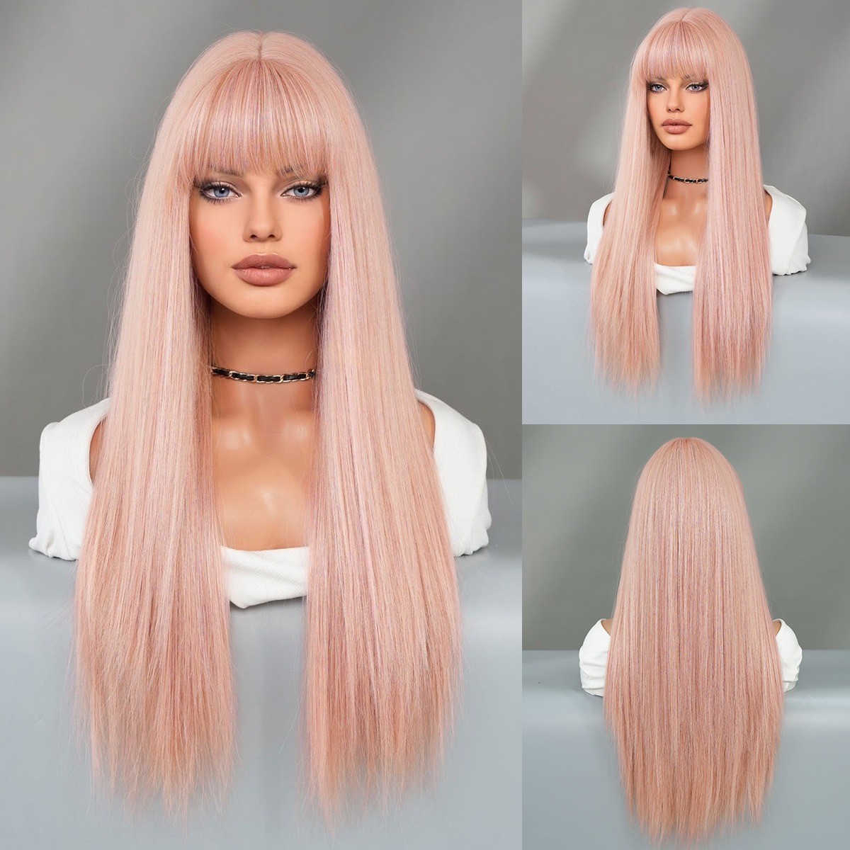 Long Straight Ginger Wig with Bangs for Women Synthetic Hair