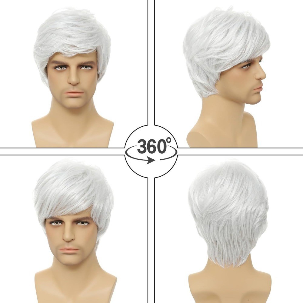 Men White Wig Layered Short Beanie Hairpiece Full Hair Universal Cosplay Wigs AU