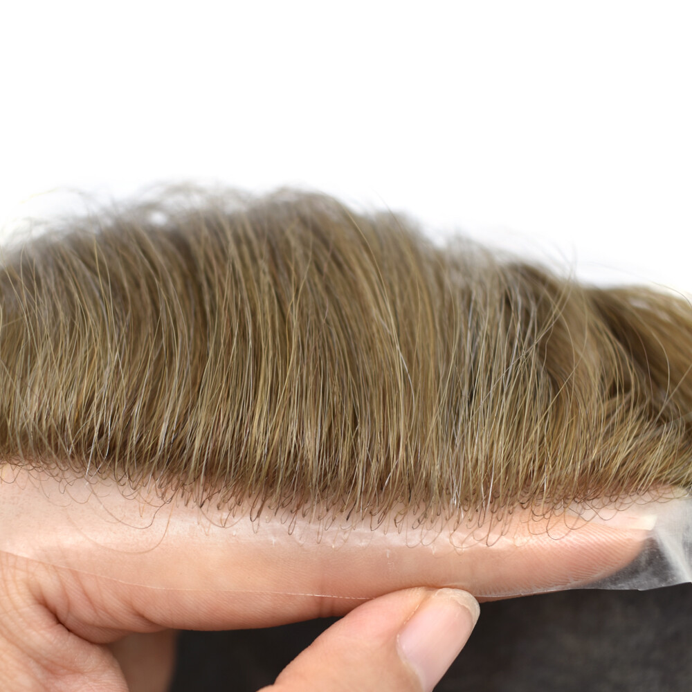 Thin Skin Mens Toupee Human Hair Replacement System V-Loop Poly Pu