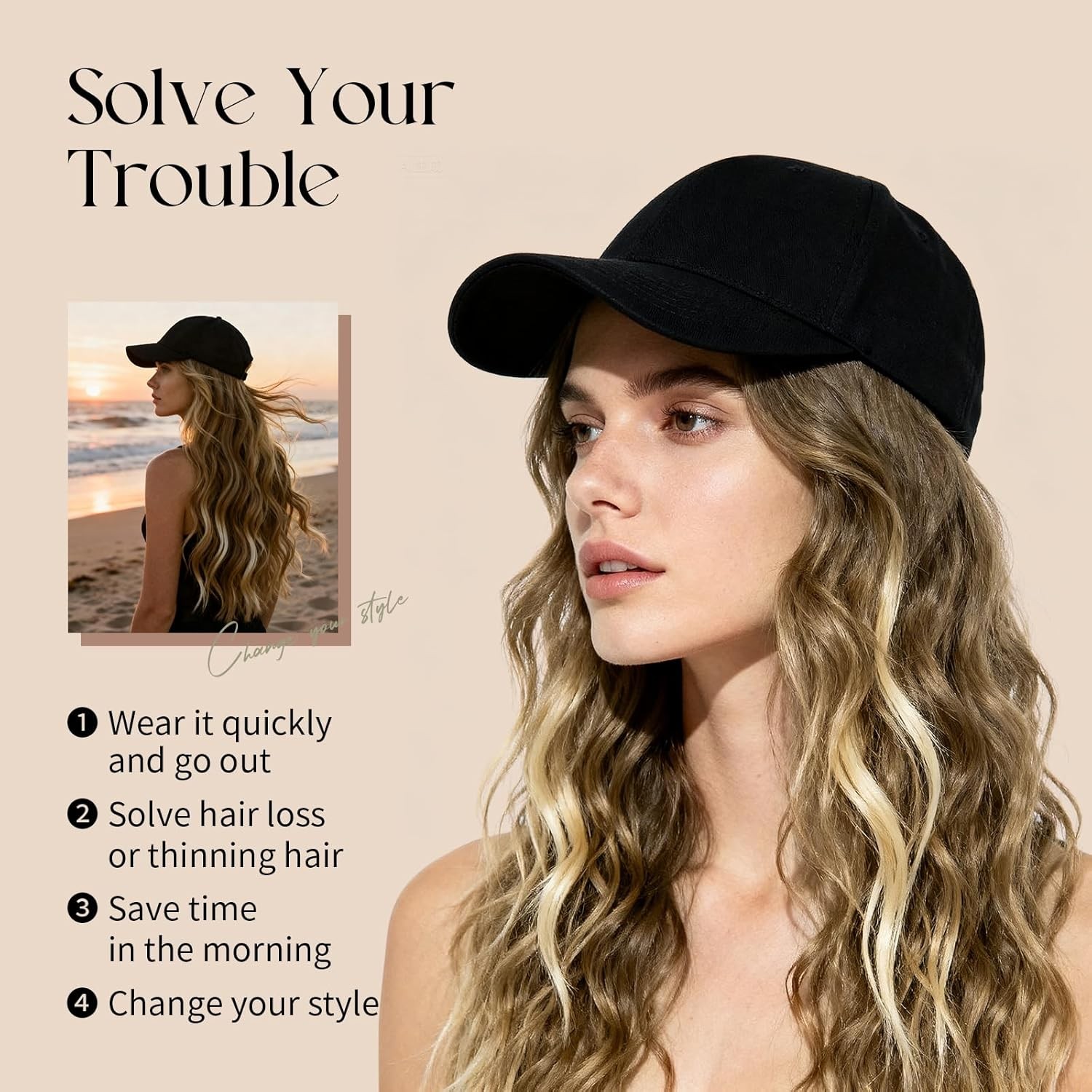 Instant Style Long Curly Cap Wig Adjustable Baseball Hat with Attached Hair