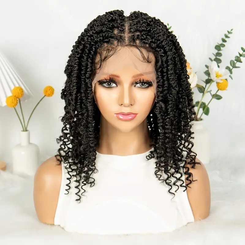16″ Curly Passion Twist Curly Wig for Black Women Full Lace Knotless Braided Wig