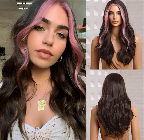 Wig – Dark Brown Pink Skunk Stripe, 26 Inch Middle Part Curly Long Wavy Synth