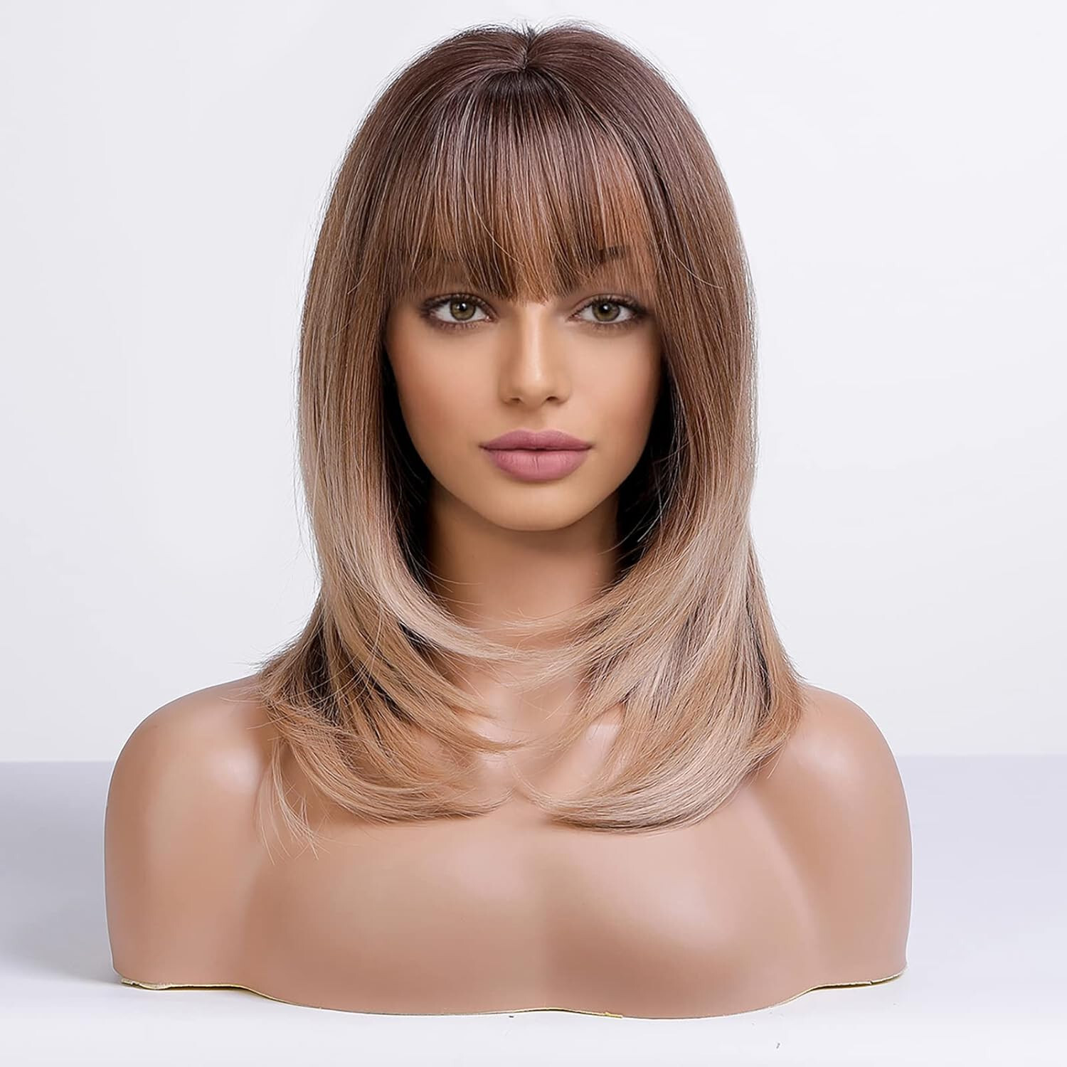 Ombre 20″ long 2 tone dark root hair wig bangs woman mixed brown blonde highlite