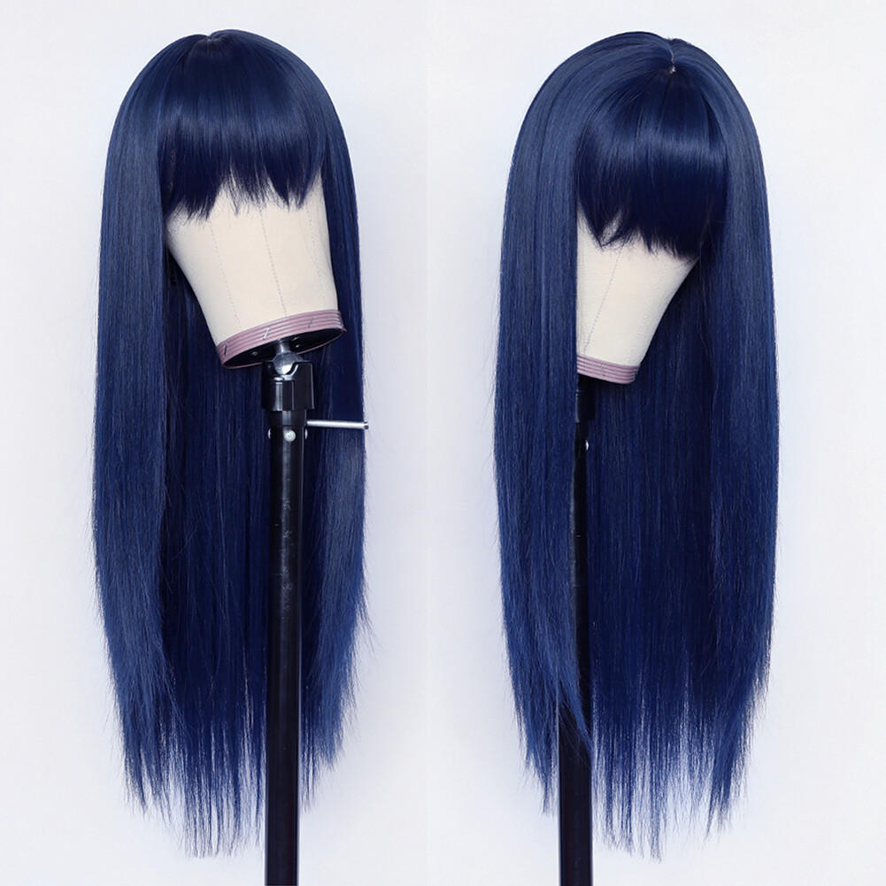 Women Full Neat Bangs Synthetic No Lace Wig Long Straight Heat Resistant Natural