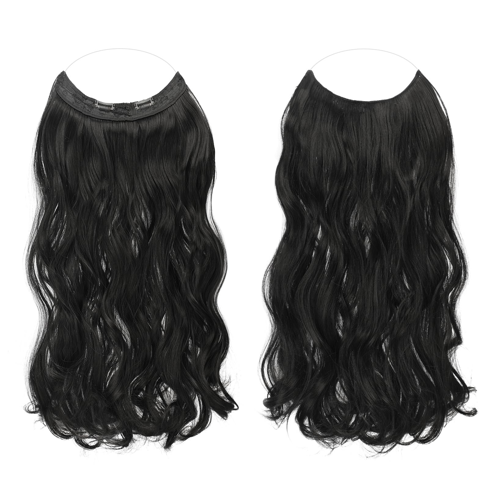 FESHFEN Invisible Wire Hair Extensions 20″ Long Wavy Synthetic Black
