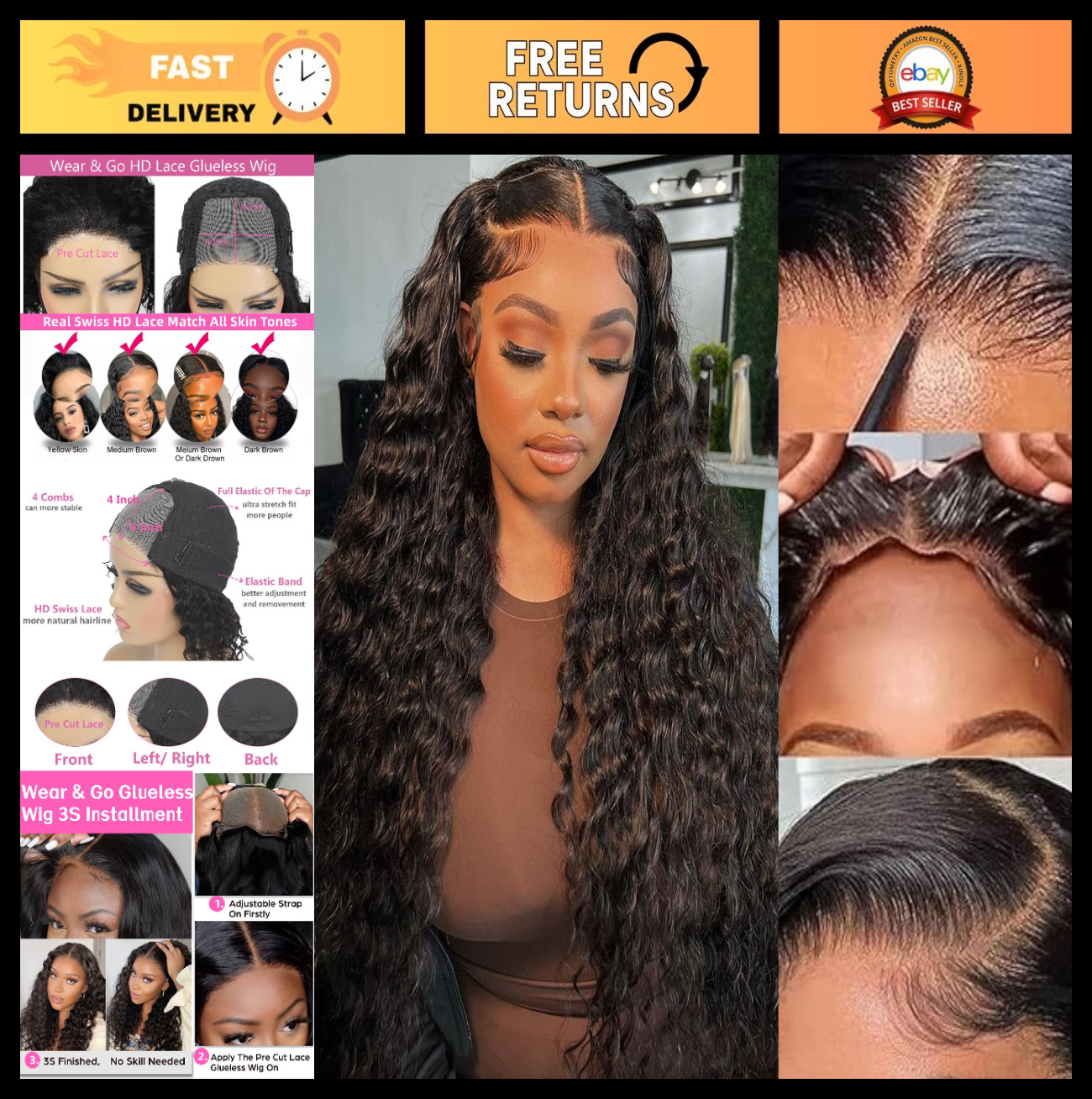 Glueless 4×4 HD Lace Closure Wig – Curly Deep Wave Human Hair, 26 Inch, Natural