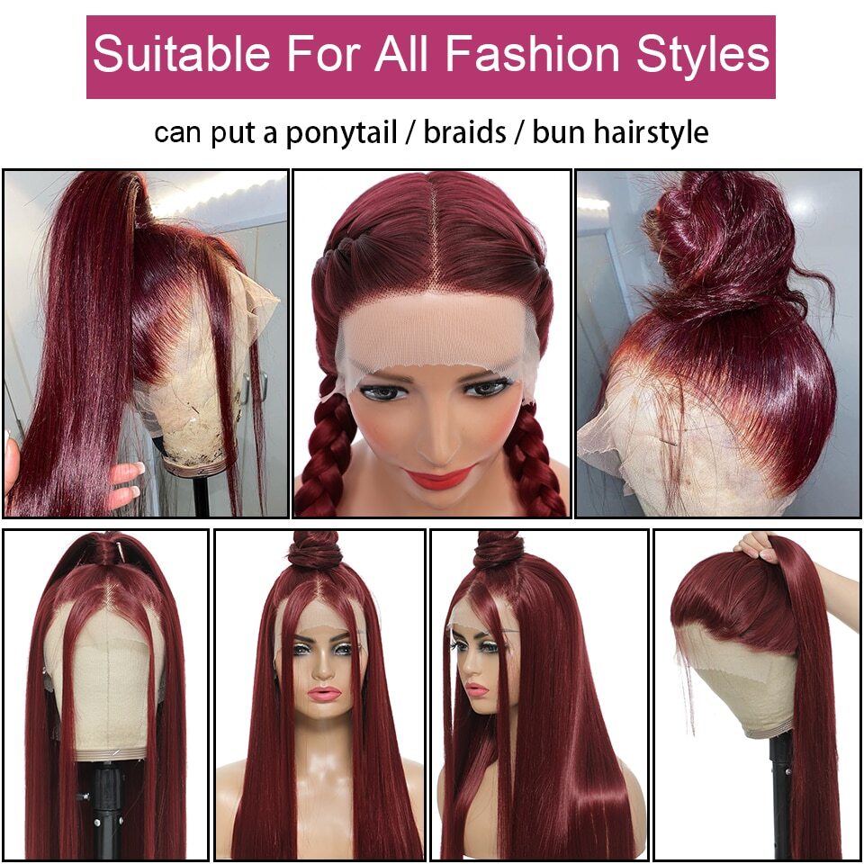 13x4Transparent LaceWigs Synthetic Straight Burgundy Wig Pre Pluck HeatResistant